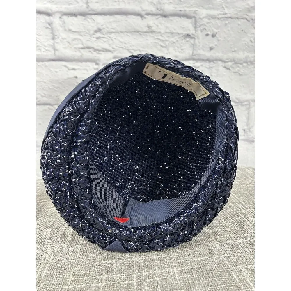 Vintage Trebor 1950s Lacquered Raffia Woven Hat Turban Bubble Navy Blue With Box